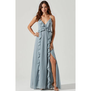 ASTR The Label Adoria Ruffle Side Slit Maxi Dress Gown Dusty Blue Size L NWT